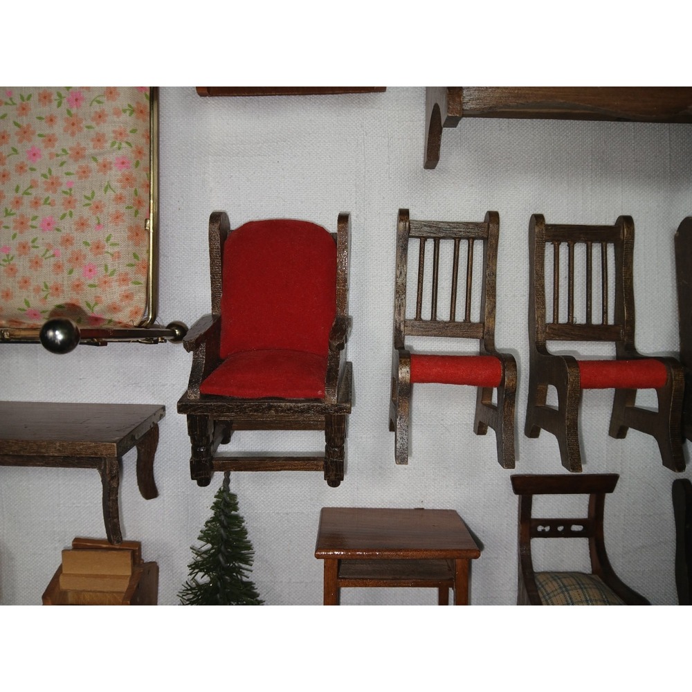 Vtg Miniature Dollhouse Wooden Wingback Living Room Set Sofa & 2 Chairs /Bed Lot - Picture 7 of 16